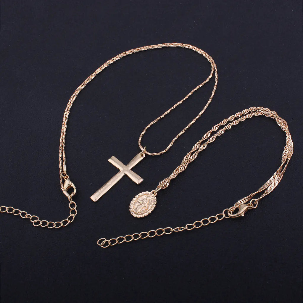 Cross Virgin Mary Pendant, Cross Necklace, Layered Coin Necklace