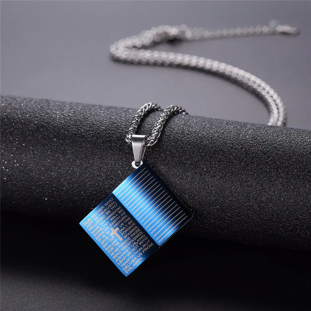Jesus Blue Holy Bible Pendant Necklace in Stainless Steel
