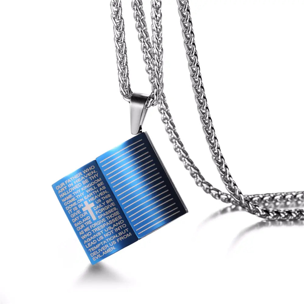 Jesus Blue Holy Bible Pendant Necklace in Stainless Steel